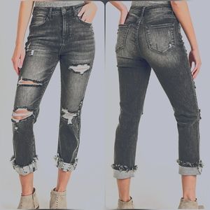 New dark grey wash distressed jeans